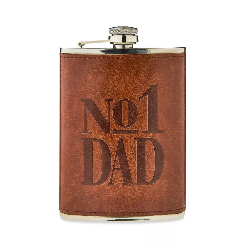 Father's Day Stainless Steel Faux Leather Wrap Flask, Brown, 8 oz